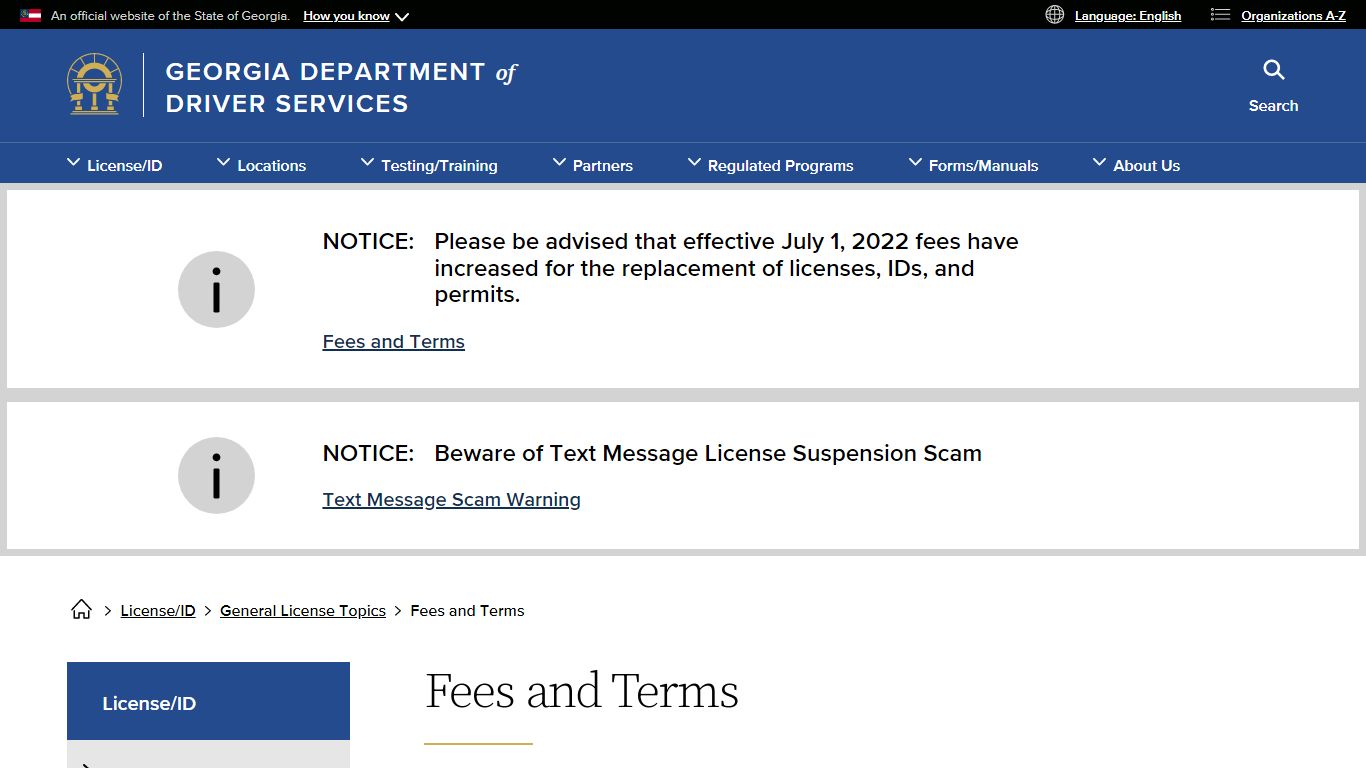 Fees and Terms | Georgia Department of Driver Services